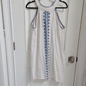 Women's White Sleeveless‎  Dress/Cover--up with Blue Embroidery By Sigrid Olson